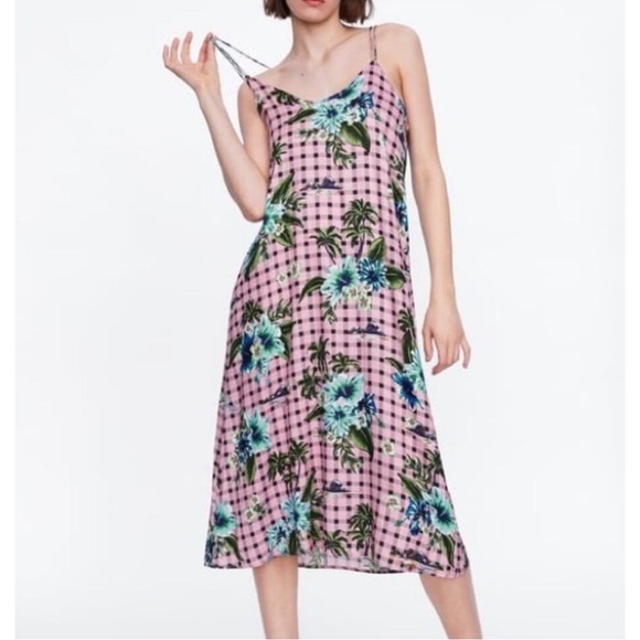 Zara Dress Womens XS Pink Blue Plaid Floral Print Strappy Midi - Picture 1 of 10